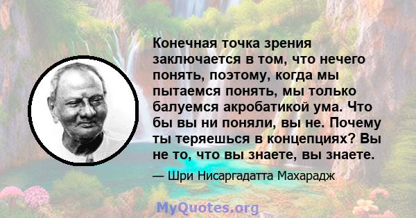 Конечная точка зрения заключается в том, что нечего понять, поэтому, когда мы пытаемся понять, мы только балуемся акробатикой ума. Что бы вы ни поняли, вы не. Почему ты теряешься в концепциях? Вы не то, что вы знаете,