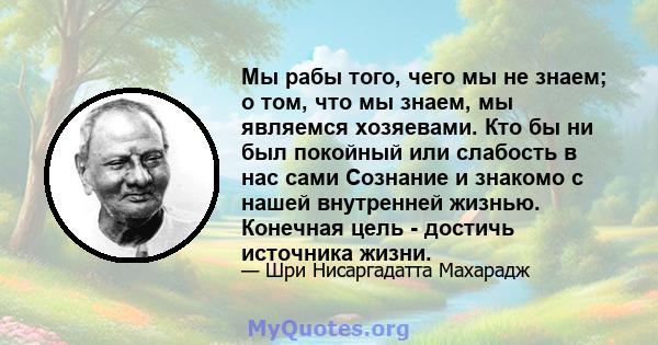 Мы рабы того, чего мы не знаем; о том, что мы знаем, мы являемся хозяевами. Кто бы ни был покойный или слабость в нас сами Сознание и знакомо с нашей внутренней жизнью. Конечная цель - достичь источника жизни.