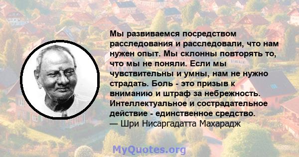 Мы развиваемся посредством расследования и расследовали, что нам нужен опыт. Мы склонны повторять то, что мы не поняли. Если мы чувствительны и умны, нам не нужно страдать. Боль - это призыв к вниманию и штраф за