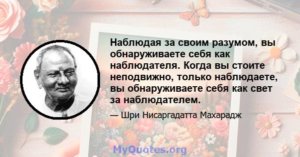 Наблюдая за своим разумом, вы обнаруживаете себя как наблюдателя. Когда вы стоите неподвижно, только наблюдаете, вы обнаруживаете себя как свет за наблюдателем.