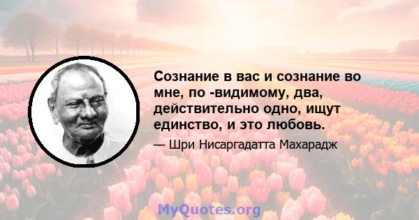 Сознание в вас и сознание во мне, по -видимому, два, действительно одно, ищут единство, и это любовь.