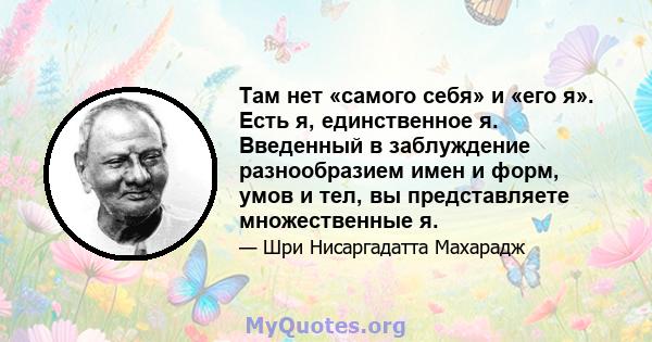 Там нет «самого себя» и «его я». Есть я, единственное я. Введенный в заблуждение разнообразием имен и форм, умов и тел, вы представляете множественные я.