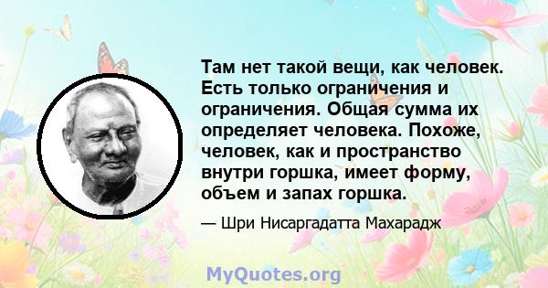 Там нет такой вещи, как человек. Есть только ограничения и ограничения. Общая сумма их определяет человека. Похоже, человек, как и пространство внутри горшка, имеет форму, объем и запах горшка.