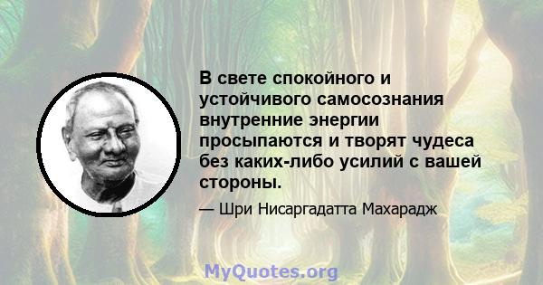 В свете спокойного и устойчивого самосознания внутренние энергии просыпаются и творят чудеса без каких-либо усилий с вашей стороны.