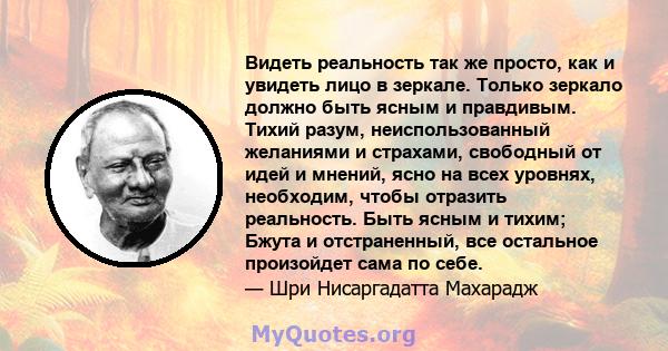 Видеть реальность так же просто, как и увидеть лицо в зеркале. Только зеркало должно быть ясным и правдивым. Тихий разум, неиспользованный желаниями и страхами, свободный от идей и мнений, ясно на всех уровнях,