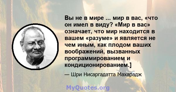 Вы не в мире ... мир в вас, «что он имел в виду? «Мир в вас» означает, что мир находится в вашем «разуме» и является не чем иным, как плодом ваших воображений, вызванных программированием и кондиционированием.]