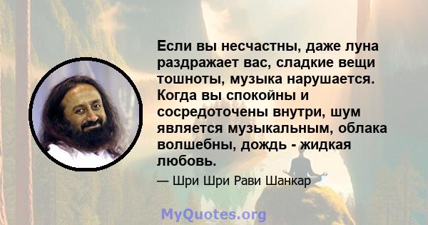 Если вы несчастны, даже луна раздражает вас, сладкие вещи тошноты, музыка нарушается. Когда вы спокойны и сосредоточены внутри, шум является музыкальным, облака волшебны, дождь - жидкая любовь.