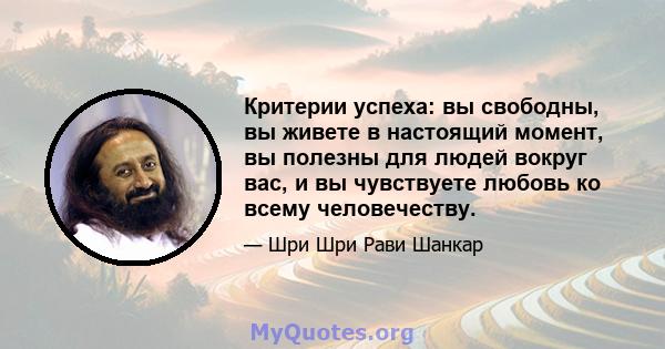 Критерии успеха: вы свободны, вы живете в настоящий момент, вы полезны для людей вокруг вас, и вы чувствуете любовь ко всему человечеству.