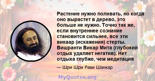 Растение нужно поливать, но когда оно вырастет в дерево, это больше не нужно. Точно так же, если внутреннее сознание становится сильнее, все эти викаар (искажения) стерты. Вишранти Викар Мита (глубокий отдых удаляет