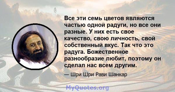 Все эти семь цветов являются частью одной радуги, но все они разные. У них есть свое качество, свою личность, свой собственный вкус. Так что это радуга. Божественное разнообразие любит, поэтому он сделал нас всем другим.