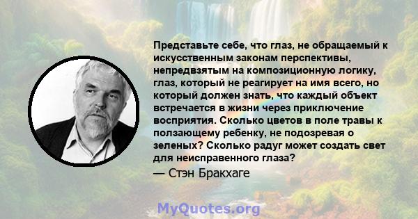 Представьте себе, что глаз, не обращаемый к искусственным законам перспективы, непредвзятым на композиционную логику, глаз, который не реагирует на имя всего, но который должен знать, что каждый объект встречается в