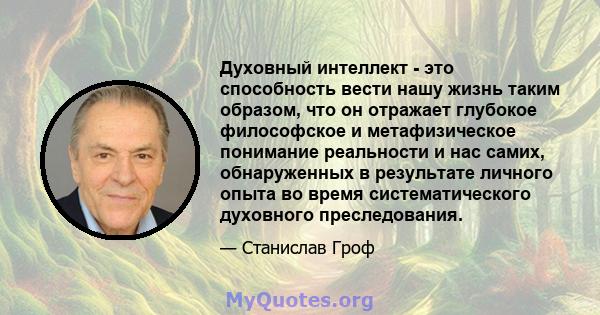 Духовный интеллект - это способность вести нашу жизнь таким образом, что он отражает глубокое философское и метафизическое понимание реальности и нас самих, обнаруженных в результате личного опыта во время