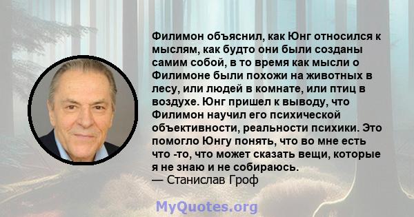 Филимон объяснил, как Юнг относился к мыслям, как будто они были созданы самим собой, в то время как мысли о Филимоне были похожи на животных в лесу, или людей в комнате, или птиц в воздухе. Юнг пришел к выводу, что