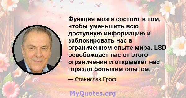 Функция мозга состоит в том, чтобы уменьшить всю доступную информацию и заблокировать нас в ограниченном опыте мира. LSD освобождает нас от этого ограничения и открывает нас гораздо большим опытом.