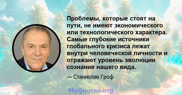 Проблемы, которые стоят на пути, не имеют экономического или технологического характера. Самые глубокие источники глобального кризиса лежат внутри человеческой личности и отражают уровень эволюции сознания нашего вида.