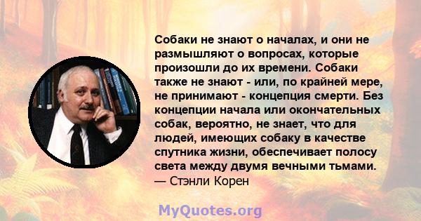 Собаки не знают о началах, и они не размышляют о вопросах, которые произошли до их времени. Собаки также не знают - или, по крайней мере, не принимают - концепция смерти. Без концепции начала или окончательных собак,