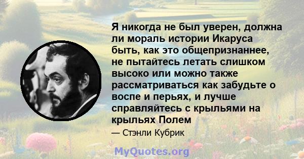 Я никогда не был уверен, должна ли мораль истории Икаруса быть, как это общепризнаннее, не пытайтесь летать слишком высоко или можно также рассматриваться как забудьте о воспе и перьях, и лучше справляйтесь с крыльями