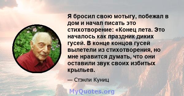 Я бросил свою мотыгу, побежал в дом и начал писать это стихотворение: «Конец лета. Это началось как праздник диких гусей. В конце концов гусей вылетели из стихотворения, но мне нравится думать, что они оставили звук