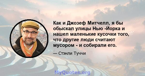 Как и Джозеф Митчелл, я бы обыскал улицы Нью -Йорка и нашел маленькие кусочки того, что другие люди считают мусором - и собирали его.