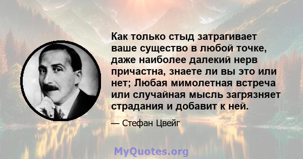 Как только стыд затрагивает ваше существо в любой точке, даже наиболее далекий нерв причастна, знаете ли вы это или нет; Любая мимолетная встреча или случайная мысль загрязняет страдания и добавит к ней.