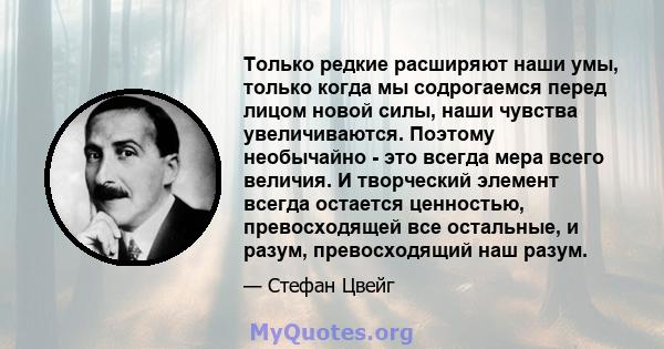 Только редкие расширяют наши умы, только когда мы содрогаемся перед лицом новой силы, наши чувства увеличиваются. Поэтому необычайно - это всегда мера всего величия. И творческий элемент всегда остается ценностью,