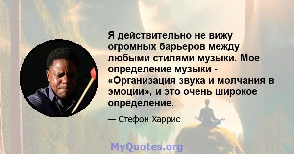 Я действительно не вижу огромных барьеров между любыми стилями музыки. Мое определение музыки - «Организация звука и молчания в эмоции», и это очень широкое определение.