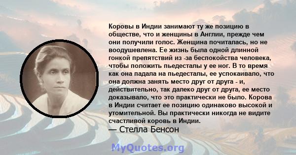 Коровы в Индии занимают ту же позицию в обществе, что и женщины в Англии, прежде чем они получили голос. Женщина почиталась, но не воодушевлена. Ее жизнь была одной длинной гонкой препятствий из -за беспокойства