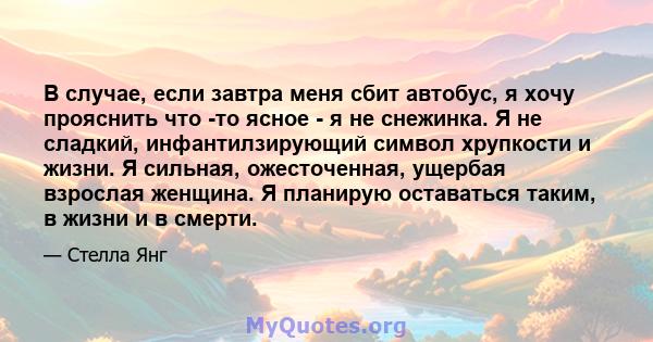 В случае, если завтра меня сбит автобус, я хочу прояснить что -то ясное - я не снежинка. Я не сладкий, инфантилзирующий символ хрупкости и жизни. Я сильная, ожесточенная, ущербая взрослая женщина. Я планирую оставаться