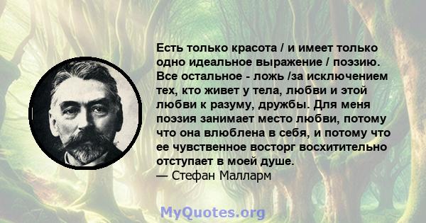 Есть только красота / и имеет только одно идеальное выражение / поэзию. Все остальное - ложь /за исключением тех, кто живет у тела, любви и этой любви к разуму, дружбы. Для меня поэзия занимает место любви, потому что