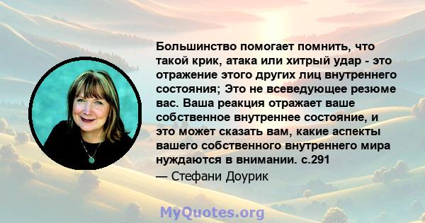 Большинство помогает помнить, что такой крик, атака или хитрый удар - это отражение этого других лиц внутреннего состояния; Это не всеведующее резюме вас. Ваша реакция отражает ваше собственное внутреннее состояние, и