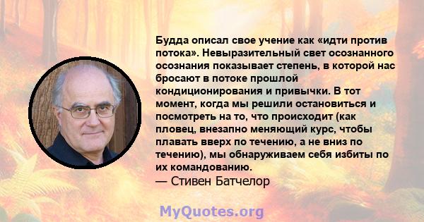 Будда описал свое учение как «идти против потока». Невыразительный свет осознанного осознания показывает степень, в которой нас бросают в потоке прошлой кондиционирования и привычки. В тот момент, когда мы решили