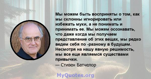 Мы можем быть восприняты о том, как мы склонны игнорировать или избежать муки, а не понимать и принимать ее. Мы можем осознавать, что даже когда мы получаем представление об этих вещах, мы редко ведем себя по -разному в 