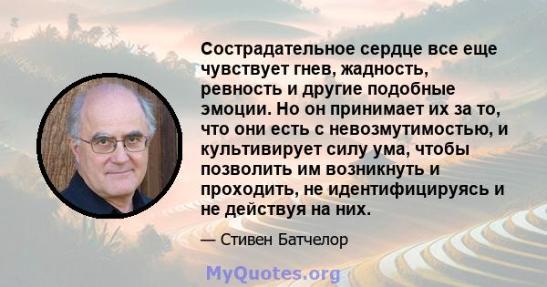 Сострадательное сердце все еще чувствует гнев, жадность, ревность и другие подобные эмоции. Но он принимает их за то, что они есть с невозмутимостью, и культивирует силу ума, чтобы позволить им возникнуть и проходить,