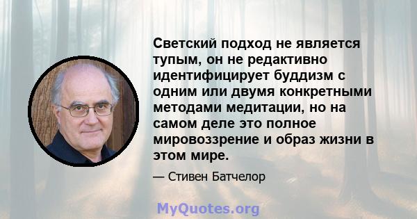 Светский подход не является тупым, он не редактивно идентифицирует буддизм с одним или двумя конкретными методами медитации, но на самом деле это полное мировоззрение и образ жизни в этом мире.