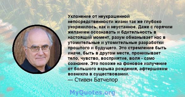 Уклонение от неукрашенной непосредственности жизни так же глубоко укоренилось, как и неустанное. Даже с горячим желанием осознавать и бдительность в настоящий момент, разум обманывает нас в утомительные и утомительные