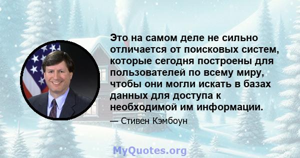 Это на самом деле не сильно отличается от поисковых систем, которые сегодня построены для пользователей по всему миру, чтобы они могли искать в базах данных для доступа к необходимой им информации.