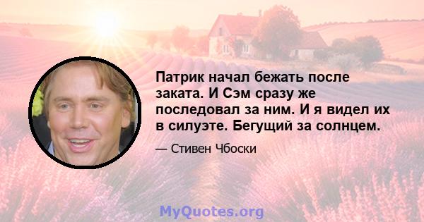 Патрик начал бежать после заката. И Сэм сразу же последовал за ним. И я видел их в силуэте. Бегущий за солнцем.