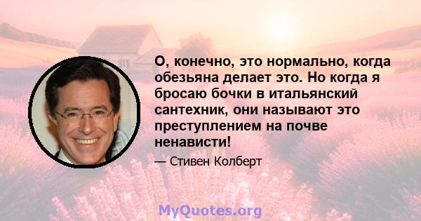 О, конечно, это нормально, когда обезьяна делает это. Но когда я бросаю бочки в итальянский сантехник, они называют это преступлением на почве ненависти!