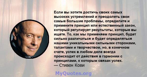 Если вы хотите достичь своих самых высоких устремлений и преодолеть свои самые большие проблемы, определите и примените принцип или естественный закон, который регулирует результаты, которые вы ищете. То, как мы