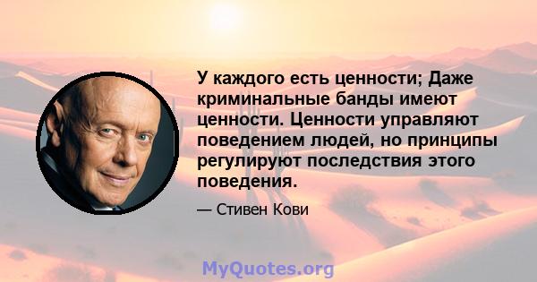 У каждого есть ценности; Даже криминальные банды имеют ценности. Ценности управляют поведением людей, но принципы регулируют последствия этого поведения.