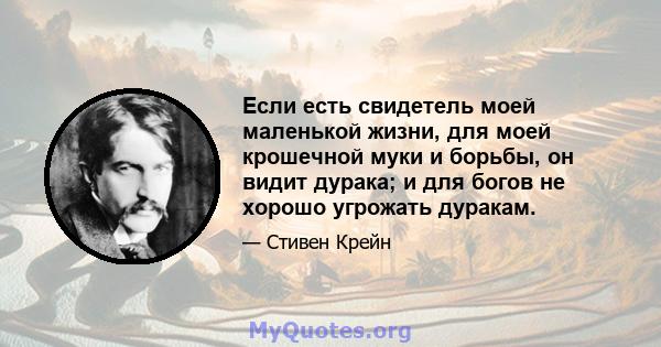 Если есть свидетель моей маленькой жизни, для моей крошечной муки и борьбы, он видит дурака; и для богов не хорошо угрожать дуракам.