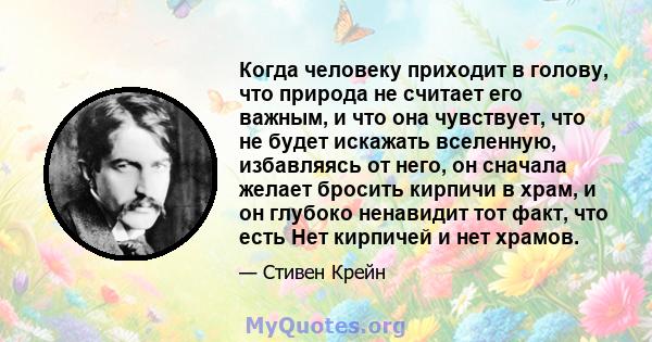 Когда человеку приходит в голову, что природа не считает его важным, и что она чувствует, что не будет искажать вселенную, избавляясь от него, он сначала желает бросить кирпичи в храм, и он глубоко ненавидит тот факт,