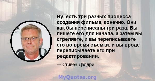 Ну, есть три разных процесса создания фильма, конечно. Они как бы переписаны три раза. Вы пишете его для начала, а затем вы стреляете, и вы переписываете его во время съемки, и вы вроде переписываете его при