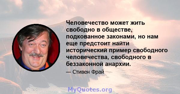 Человечество может жить свободно в обществе, подкованное законами, но нам еще предстоит найти исторический пример свободного человечества, свободного в беззаконной анархии.