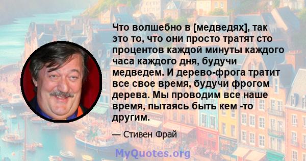 Что волшебно в [медведях], так это то, что они просто тратят сто процентов каждой минуты каждого часа каждого дня, будучи медведем. И дерево-фрога тратит все свое время, будучи фрогом дерева. Мы проводим все наше время, 