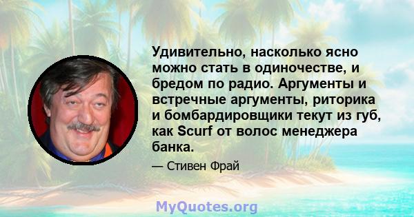 Удивительно, насколько ясно можно стать в одиночестве, и бредом по радио. Аргументы и встречные аргументы, риторика и бомбардировщики текут из губ, как Scurf от волос менеджера банка.