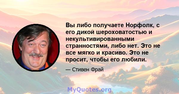 Вы либо получаете Норфолк, с его дикой шероховатостью и некультивированными странностями, либо нет. Это не все мягко и красиво. Это не просит, чтобы его любили.