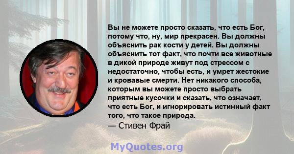 Вы не можете просто сказать, что есть Бог, потому что, ну, мир прекрасен. Вы должны объяснить рак кости у детей. Вы должны объяснить тот факт, что почти все животные в дикой природе живут под стрессом с недостаточно,