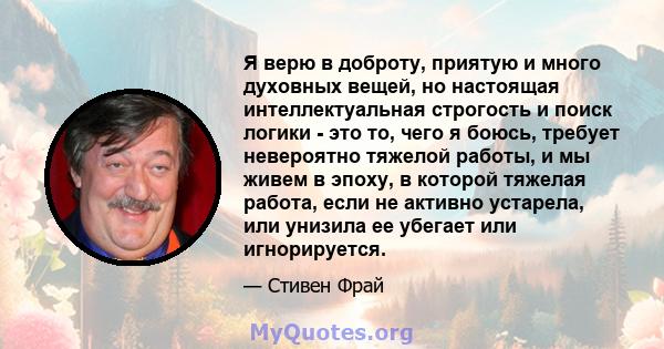 Я верю в доброту, приятую и много духовных вещей, но настоящая интеллектуальная строгость и поиск логики - это то, чего я боюсь, требует невероятно тяжелой работы, и мы живем в эпоху, в которой тяжелая работа, если не