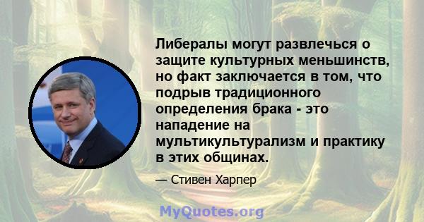 Либералы могут развлечься о защите культурных меньшинств, но факт заключается в том, что подрыв традиционного определения брака - это нападение на мультикультурализм и практику в этих общинах.